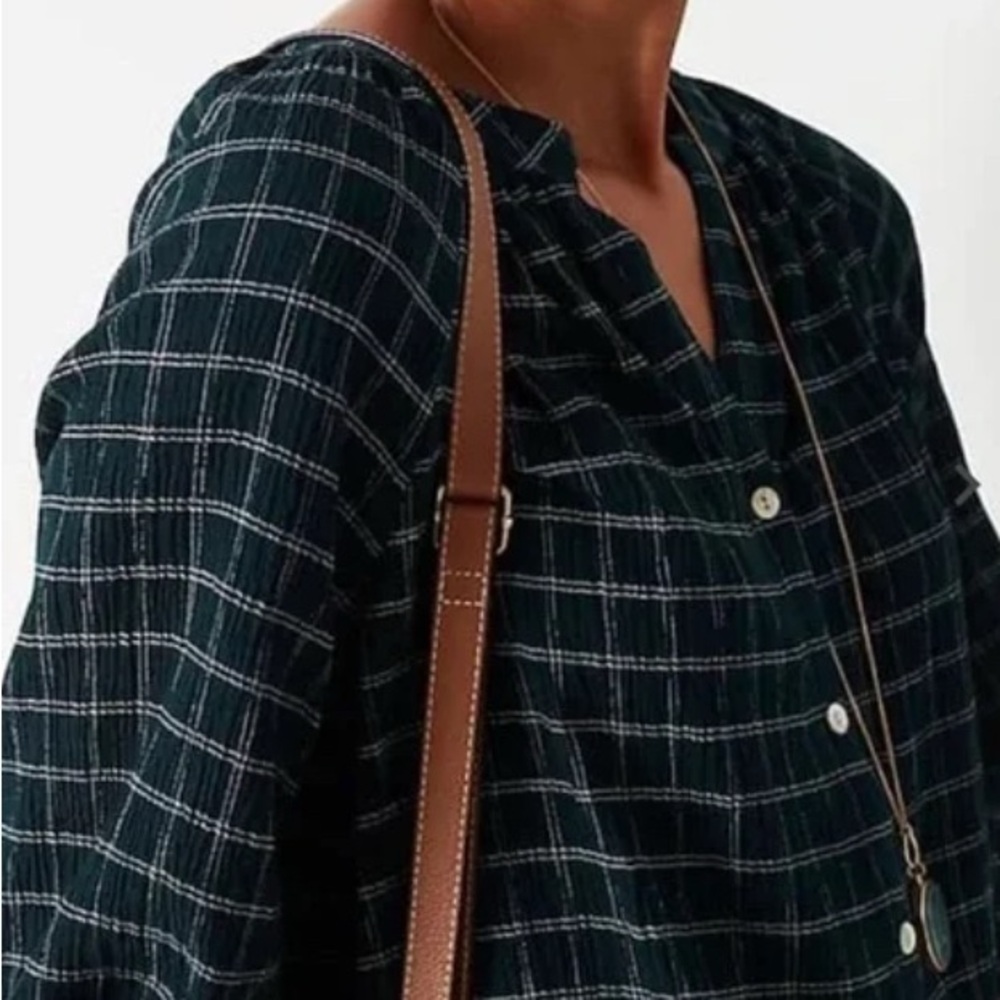J. Jill Women's Crinkled Plaid Button-Up Top Size M Petite Evergreen Blouse - Picture 11 of 16